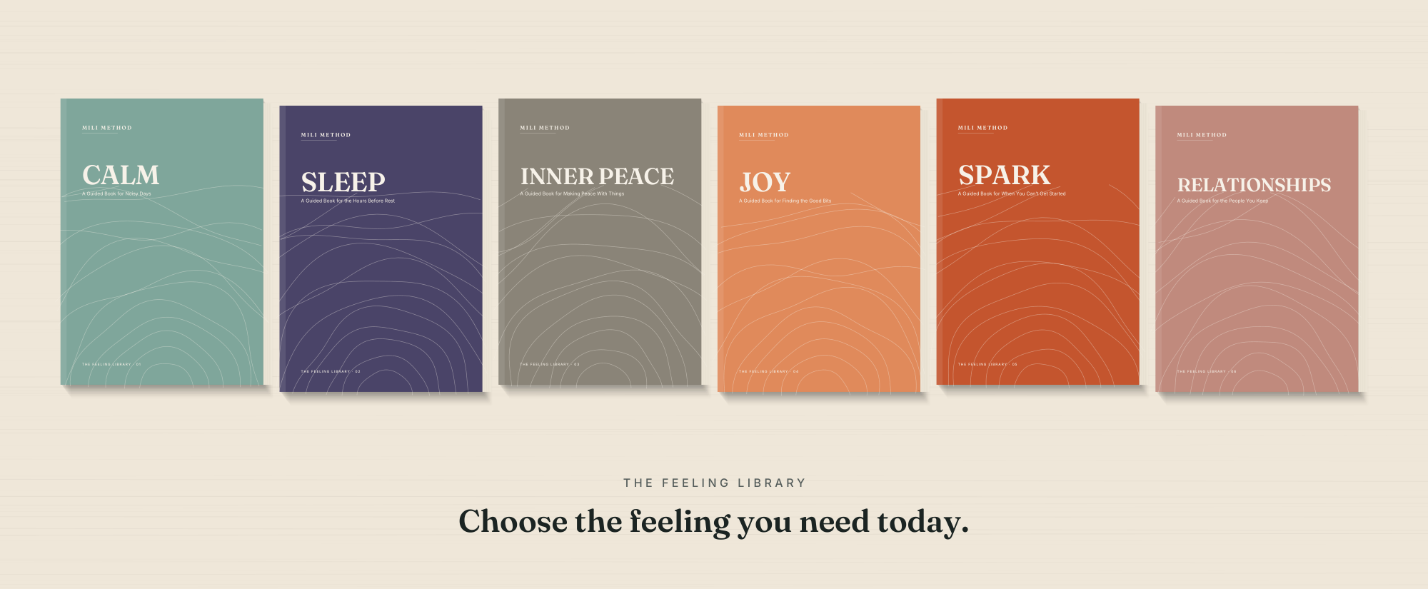 The six books of The Feeling Library, spines together, in numbered order